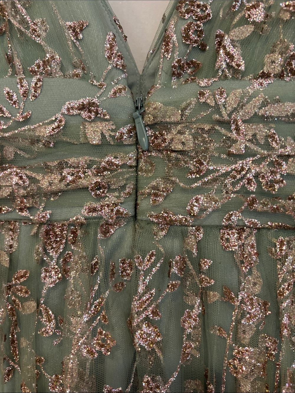 Baltic born Arden shimmer gown in sage+gold featuring a long V neckline - Picture 7 of 12